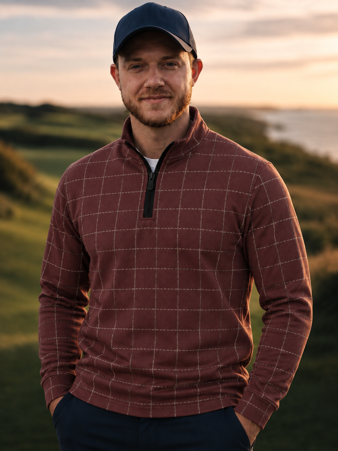 Burgundy Stitched Windowpane Print Performance Golf Quarter-Zip Pullover