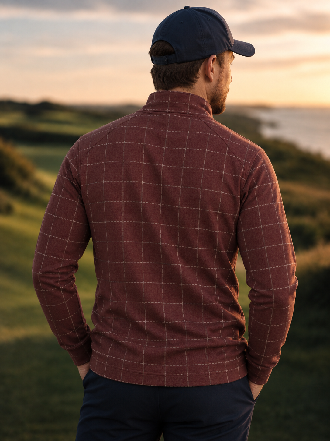 Burgundy Stitched Windowpane Print Performance Golf Quarter-Zip Pullover