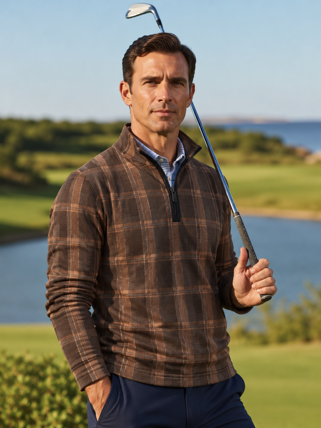 Mocha Brown Layered Plaid Print Performance Golf Quarter-Zip Pullover