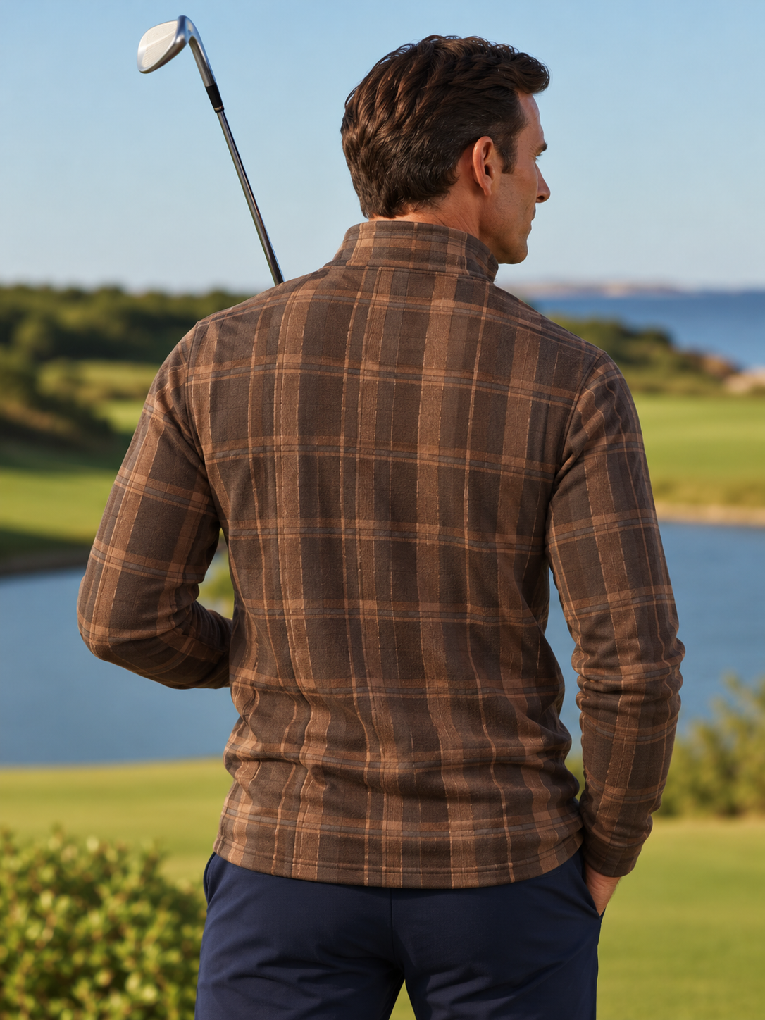 Mocha Brown Layered Plaid Print Performance Golf Quarter-Zip Pullover