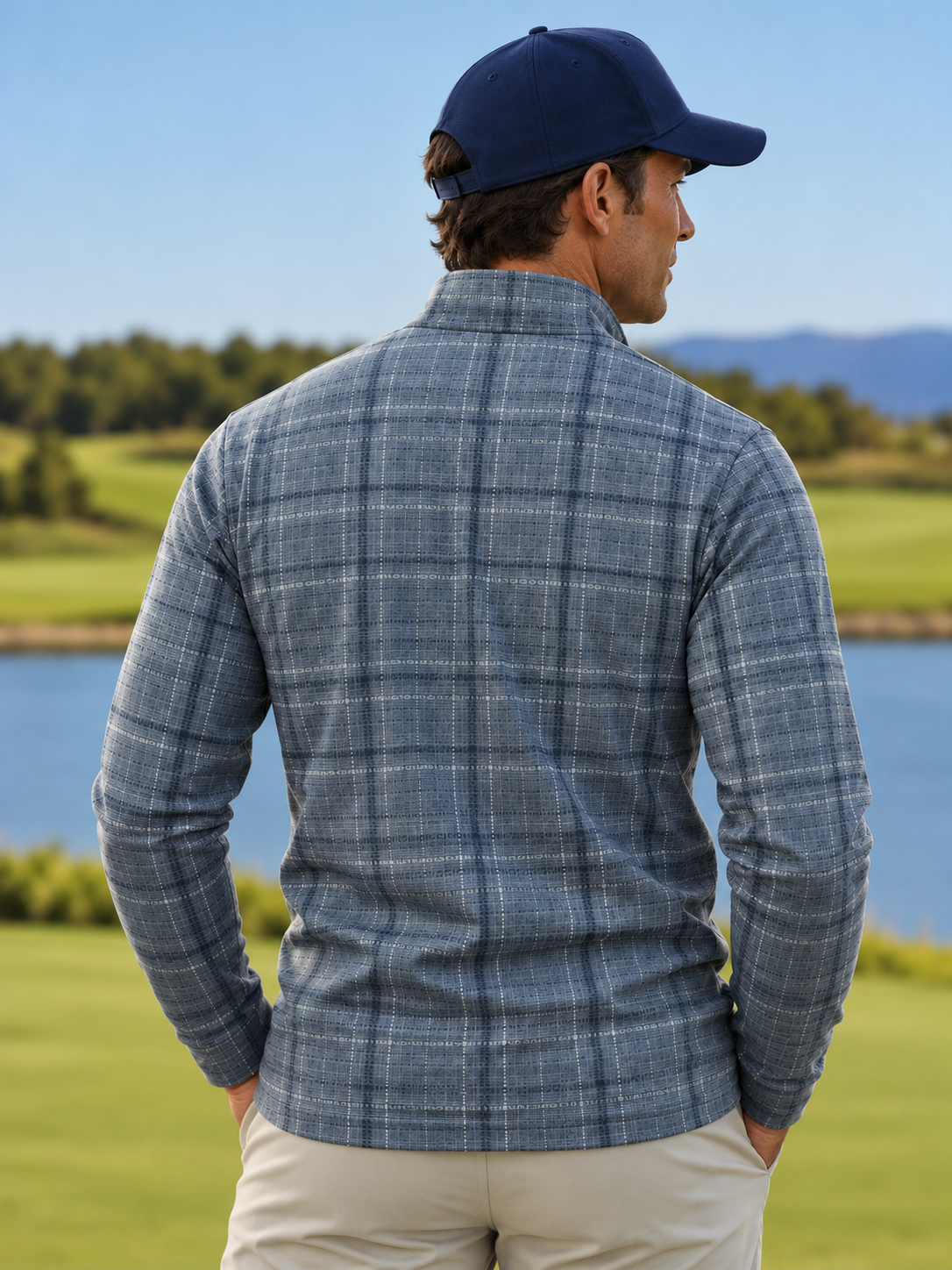 Dusty Blue Crosshatch Plaid Print Performance Golf Quarter-Zip Pullover