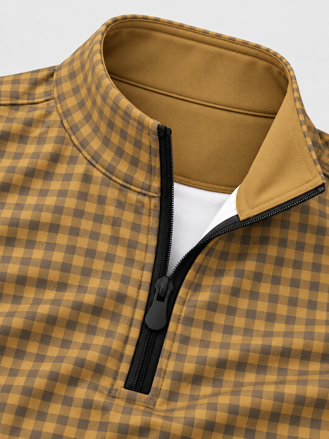 Golden Mustard Gingham Check Print Performance Golf Quarter-Zip Pullover