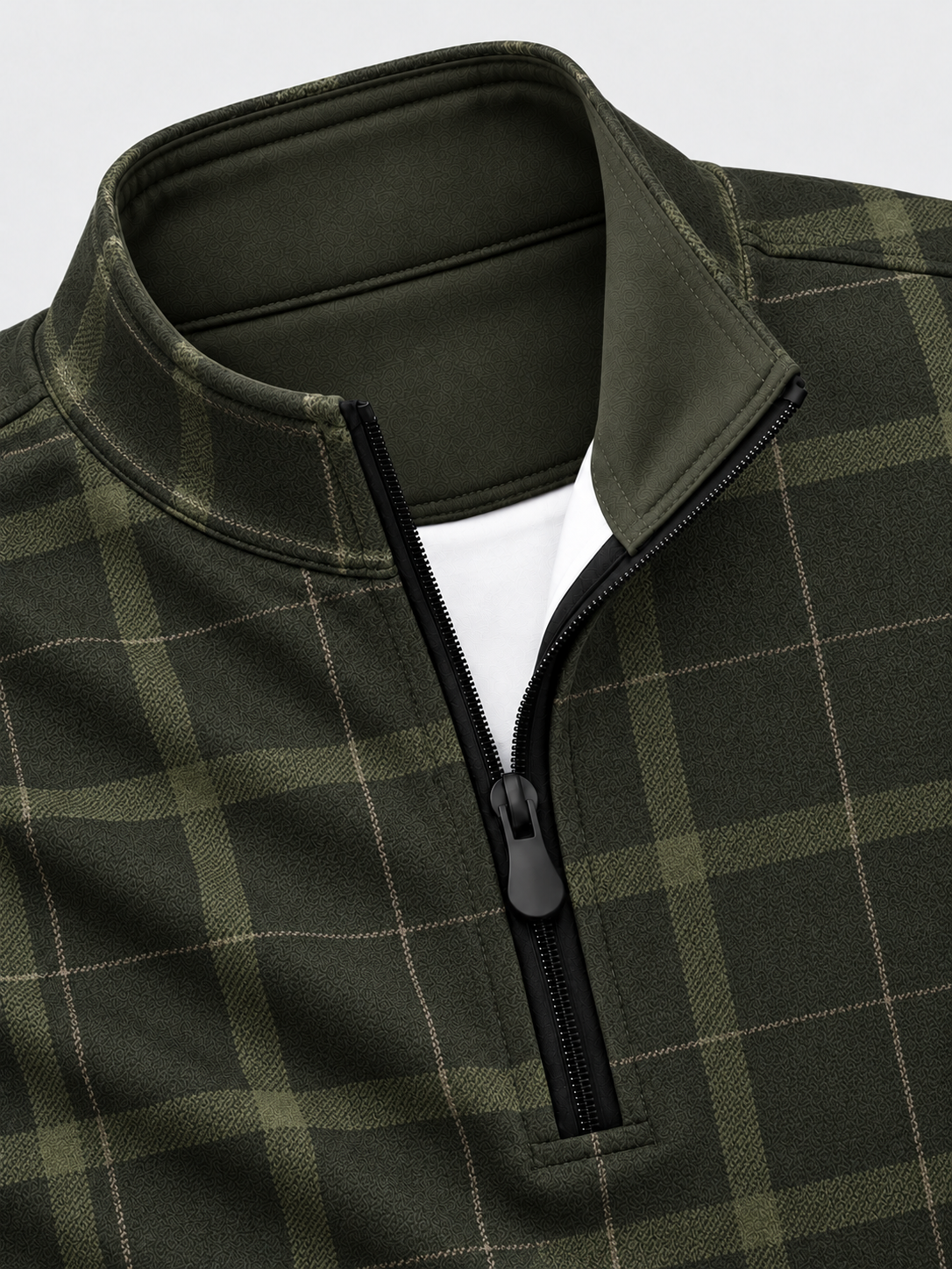 Dark Olive Green Heritage Plaid Print Performance Golf Quarter-Zip Pullover