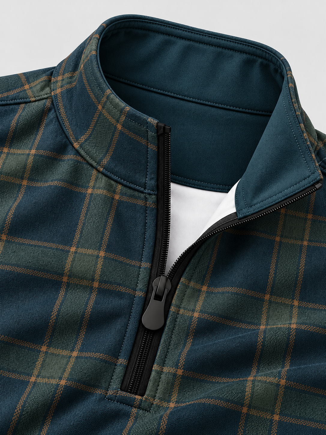 Deep Teal Blue Heritage Plaid Print Performance Golf Quarter-Zip Pullover
