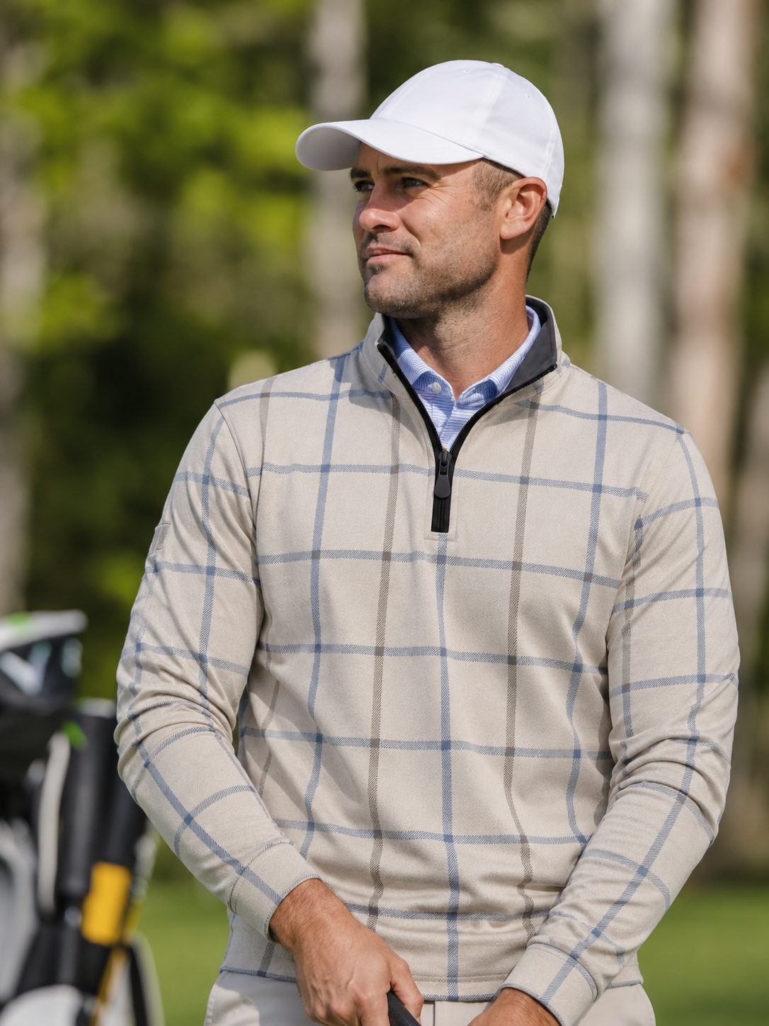 Cream Blue Plaid Performance Golf Quarter-Zip Pullover