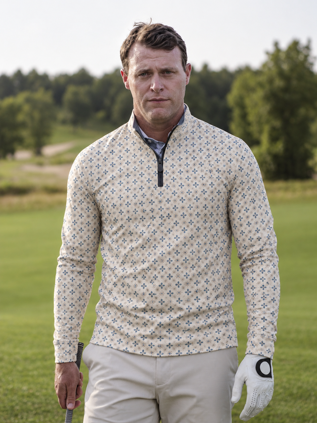 Cream Blue Floral Performance Golf Quarter-Zip Pullover