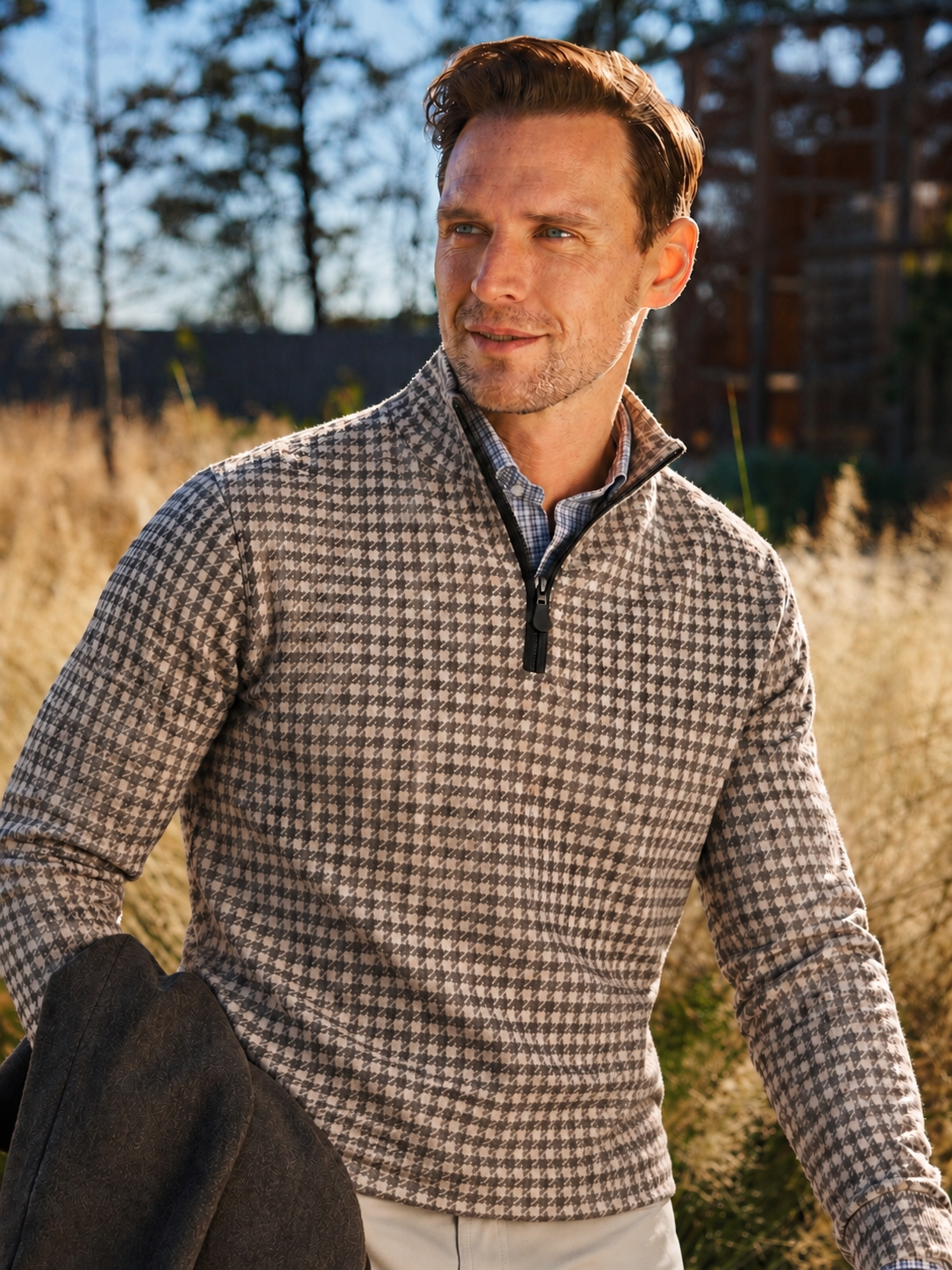 Brown Houndstooth Performance Golf Quarter-Zip Pullover