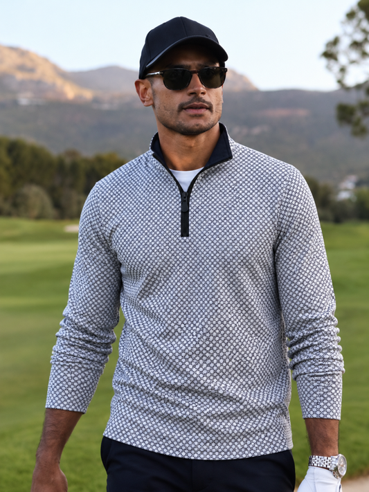 Black and White Geometric Print Performance Golf Quarter-Zip Pullover