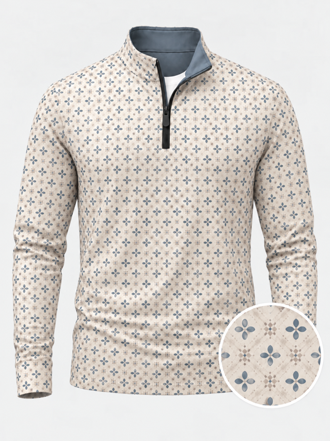 Cream Blue Floral Performance Golf Quarter-Zip Pullover