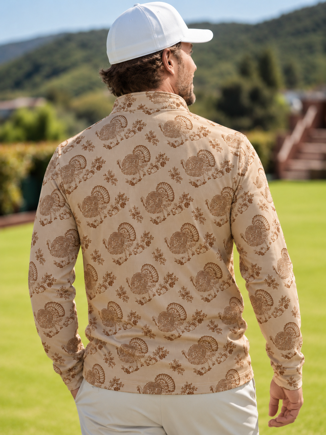 Beige Vintage Turkey Print Performance Golf Quarter-Zip Pullover
