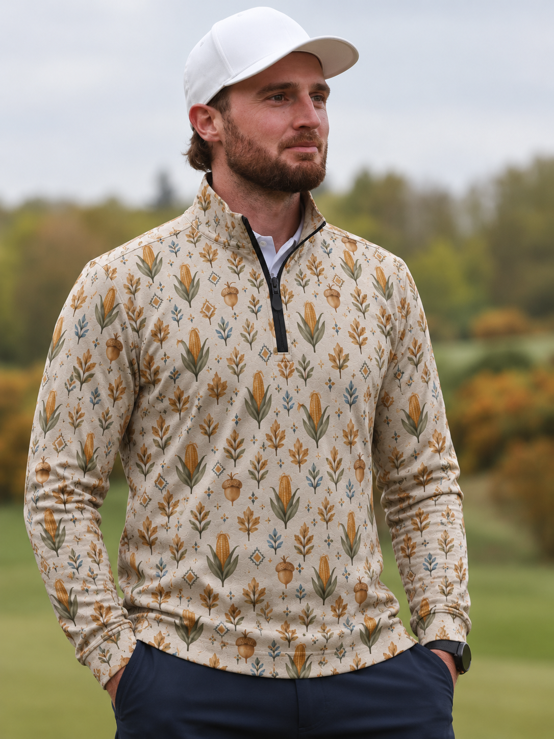 Cream Harvest Print Performance Golf Quarter-Zip Pullover