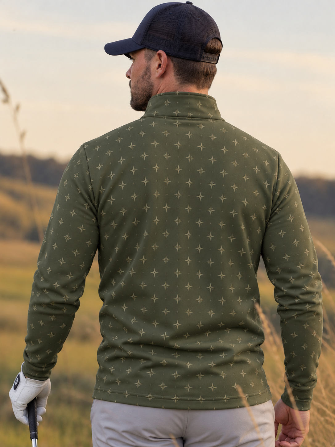 Olive Green Starburst Print Performance Golf Quarter-Zip Pullover