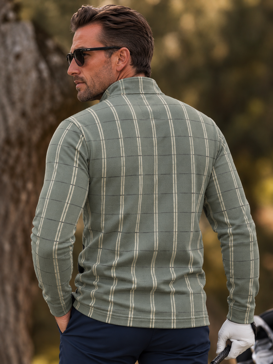 Sage Green Windowpane Plaid Print Performance Golf Quarter-Zip Pullover