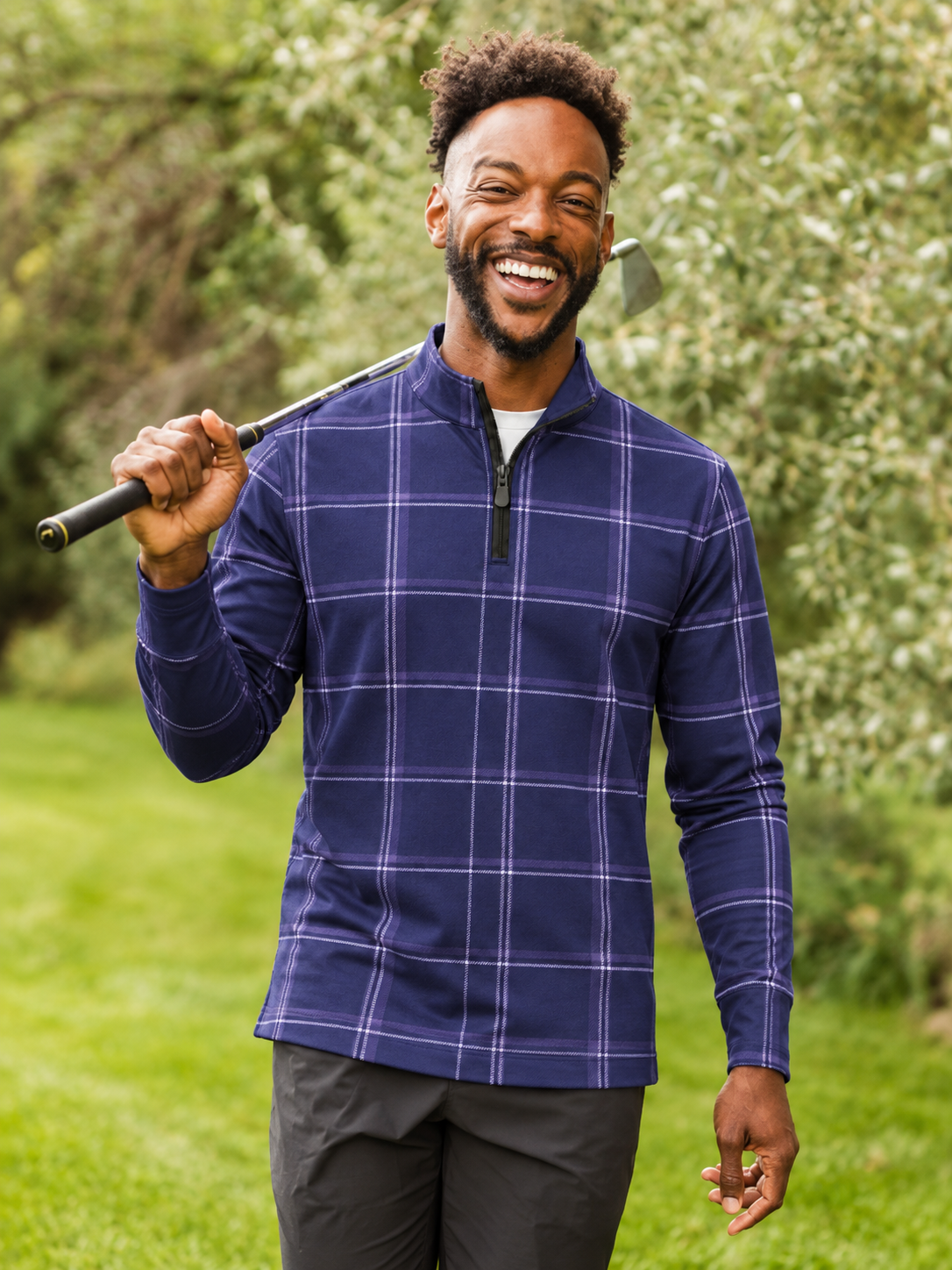 Navy Lavender Windowpane Plaid Performance Golf Quarter-Zip Pullover