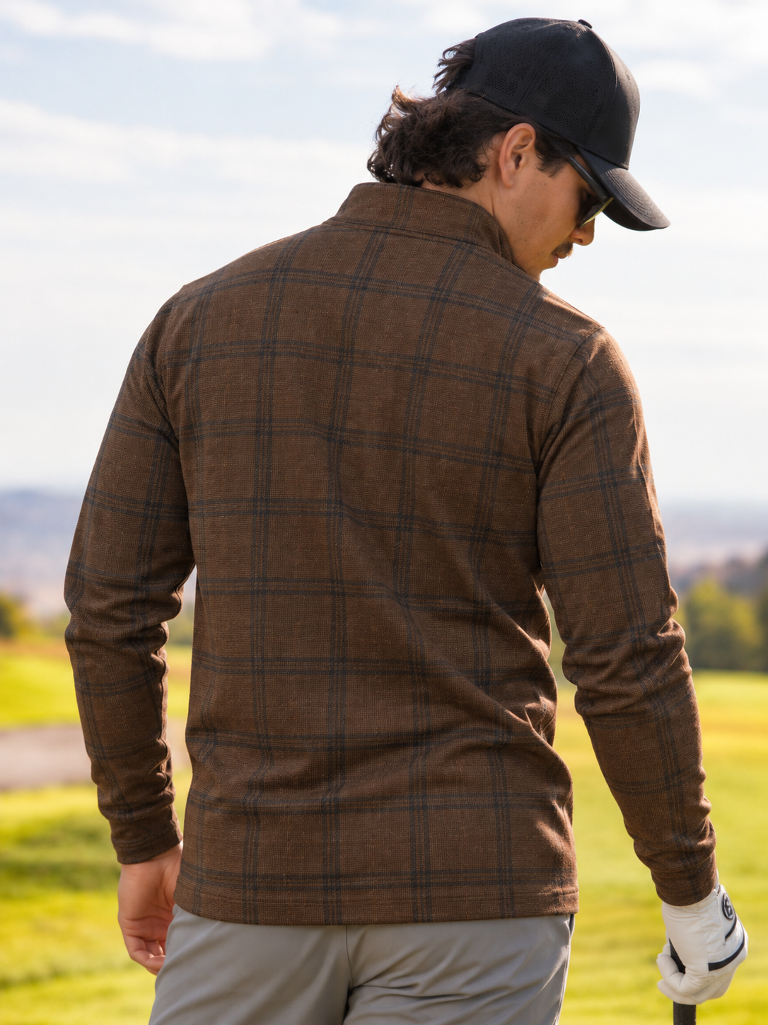 Rich Brown Windowpane Plaid Print Performance Golf Quarter-Zip Pullover