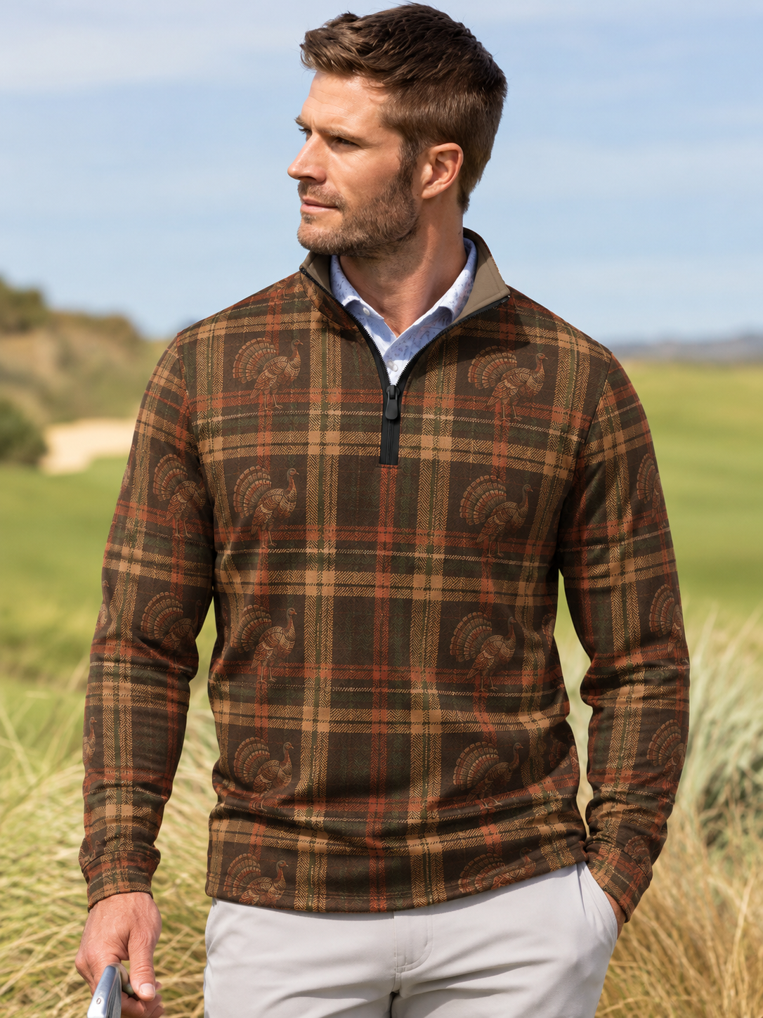 Vintage Thanksgiving Turkey Plaid Print Performance Golf Quarter-Zip Pullover