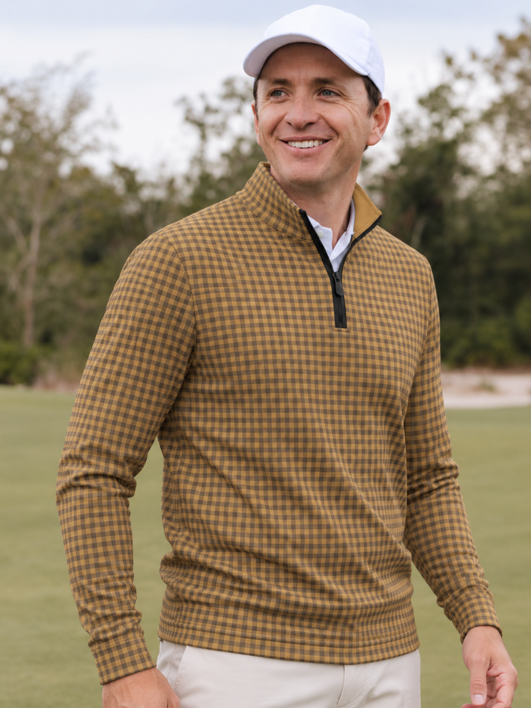 Golden Mustard Gingham Check Print Performance Golf Quarter-Zip Pullover