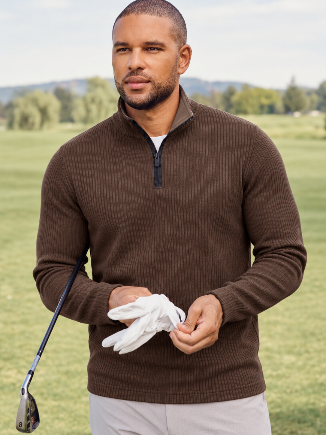 Chocolate Brown Ribbed Texture Print Performance Golf Quarter-Zip Pullover