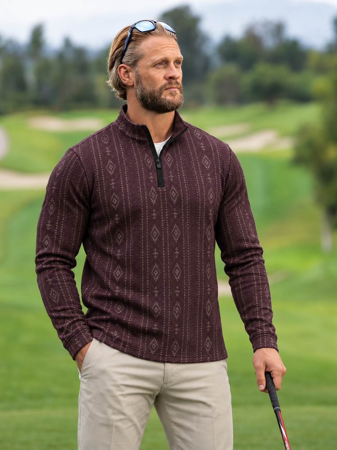 Deep Plum Heritage Pattern Quarter-Zip Pullover