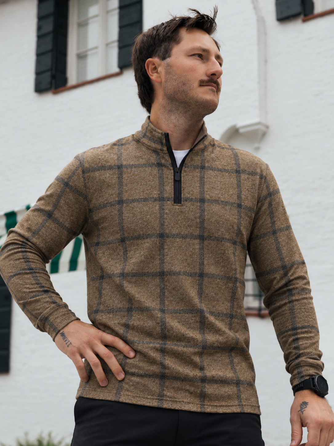 Camel Brown Windowpane Plaid Print Performance Golf Quarter-Zip Pullover