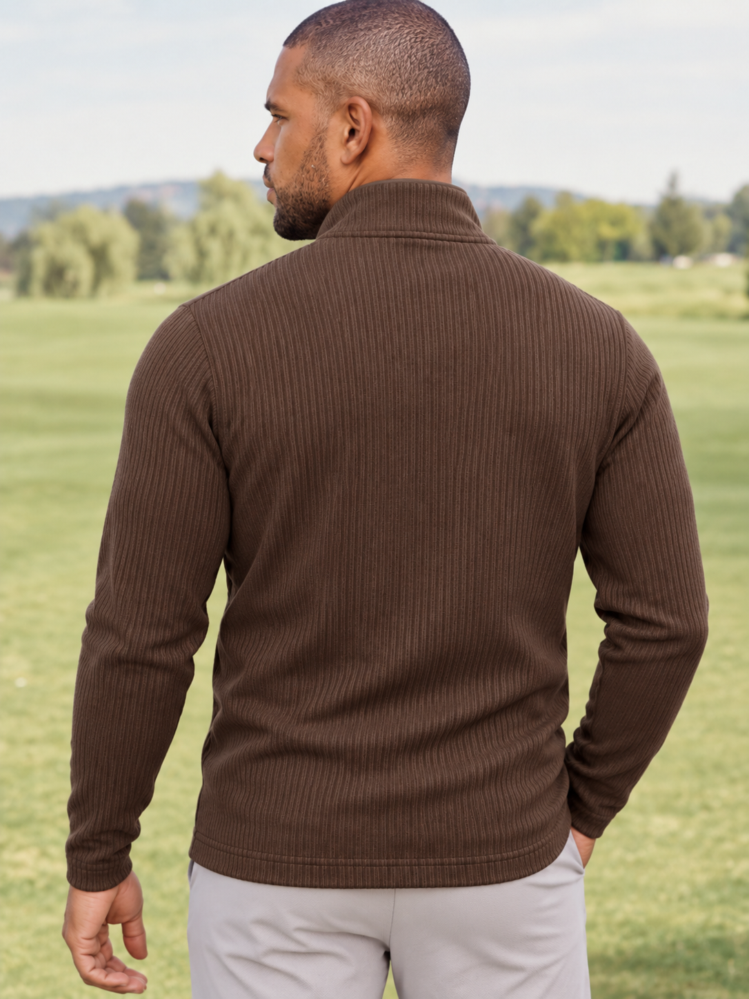 Chocolate Brown Ribbed Texture Print Performance Golf Quarter-Zip Pullover