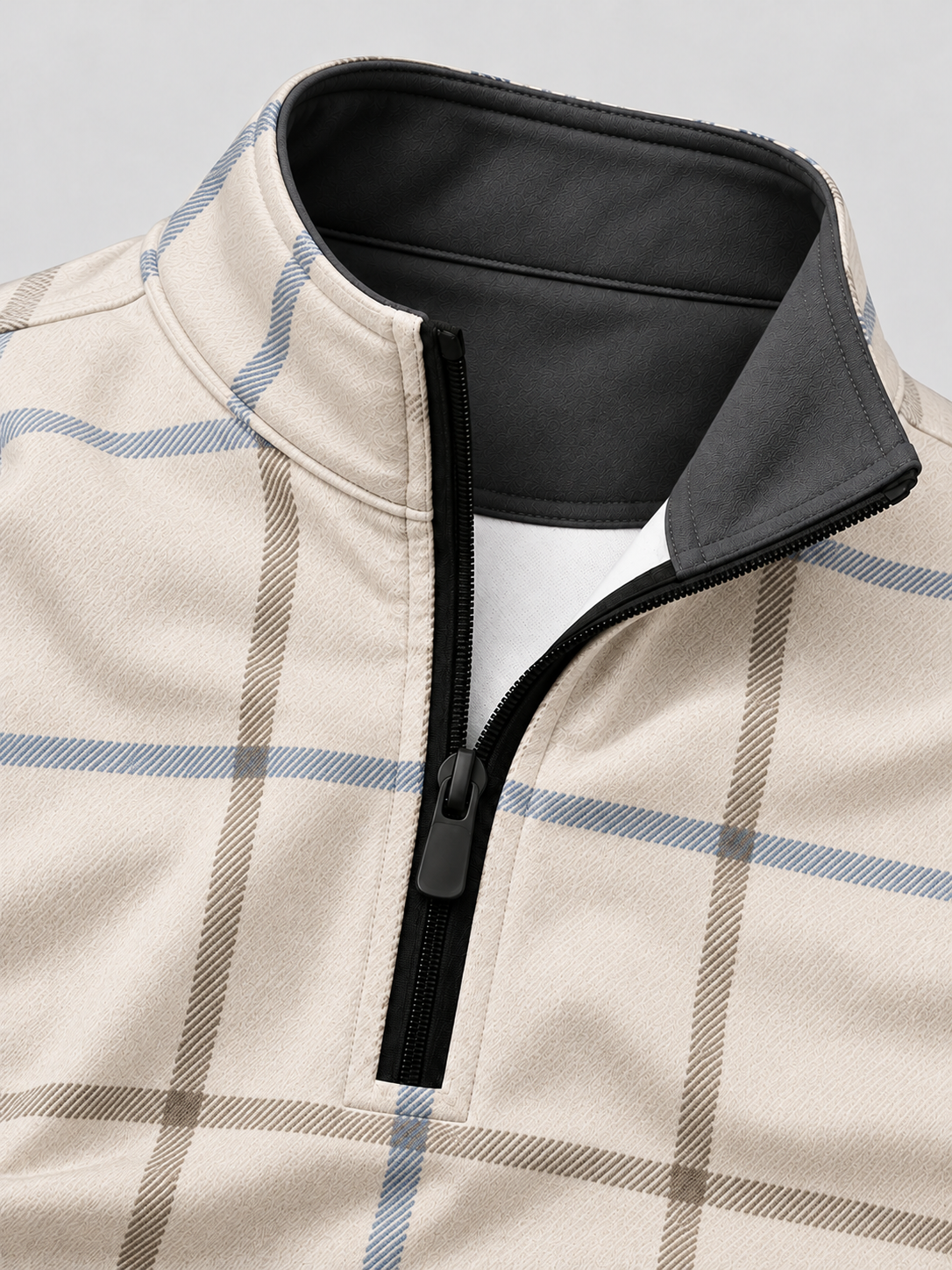 Cream Blue Plaid Performance Golf Quarter-Zip Pullover