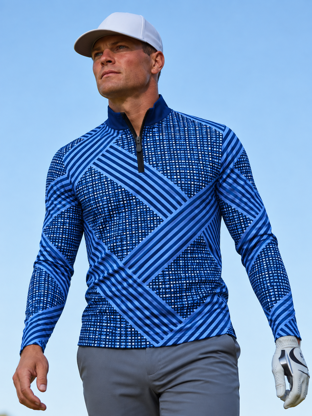 Navy Blue Grid and Diagonal-Stripe Performance Golf Quarter-Zip Pullover
