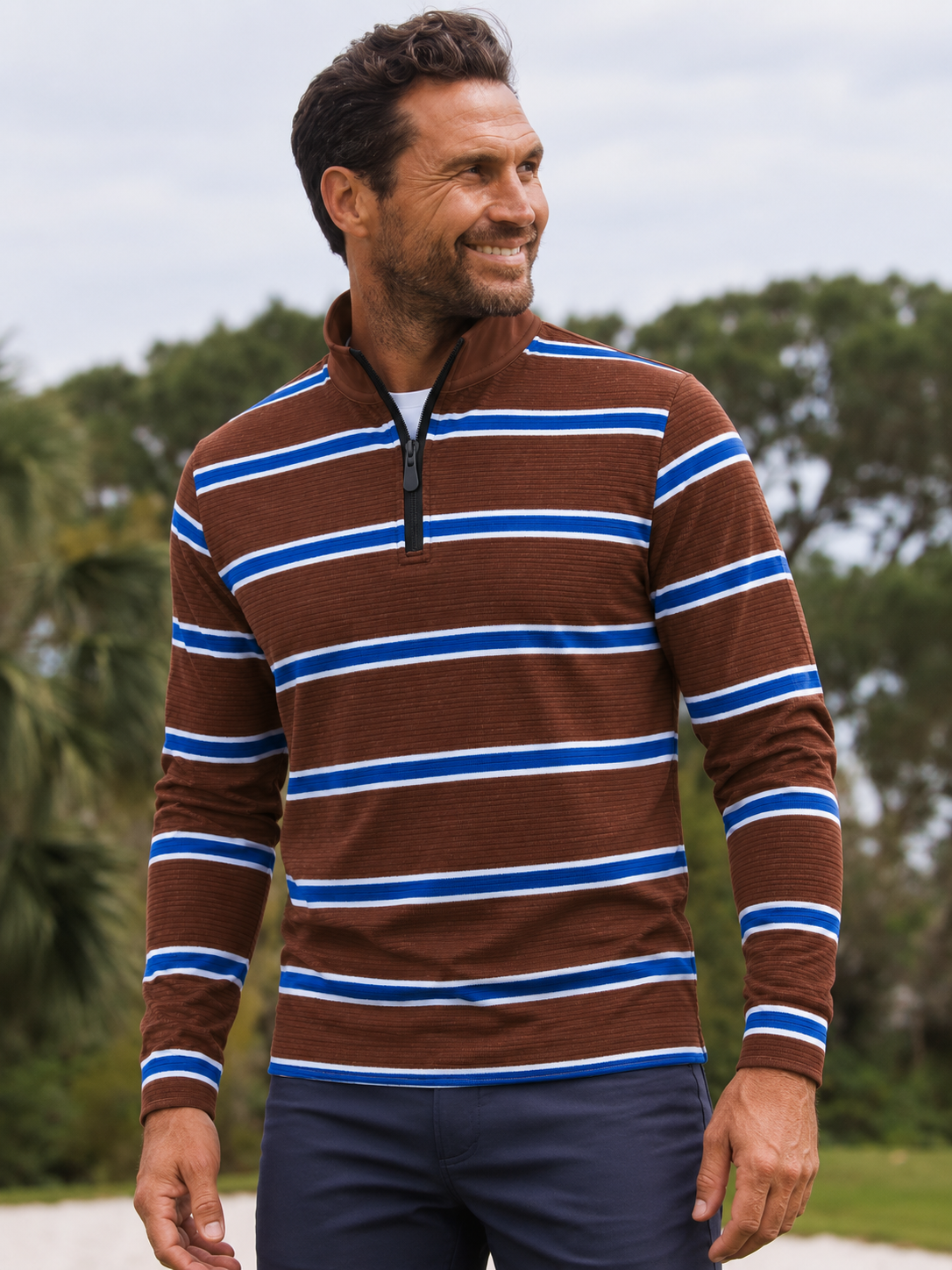 Chocolate Brown Cobalt and White Stripe Performance Golf Quarter-Zip Pullover