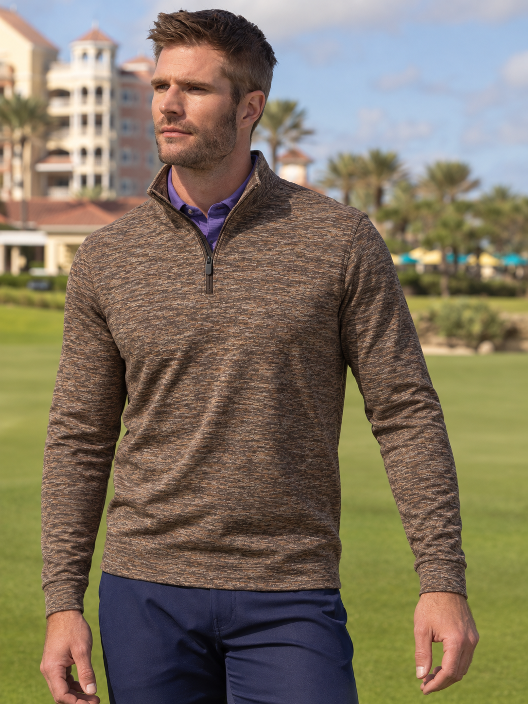 Walnut Slub-Knit Performance Golf Quarter-Zip Pullover