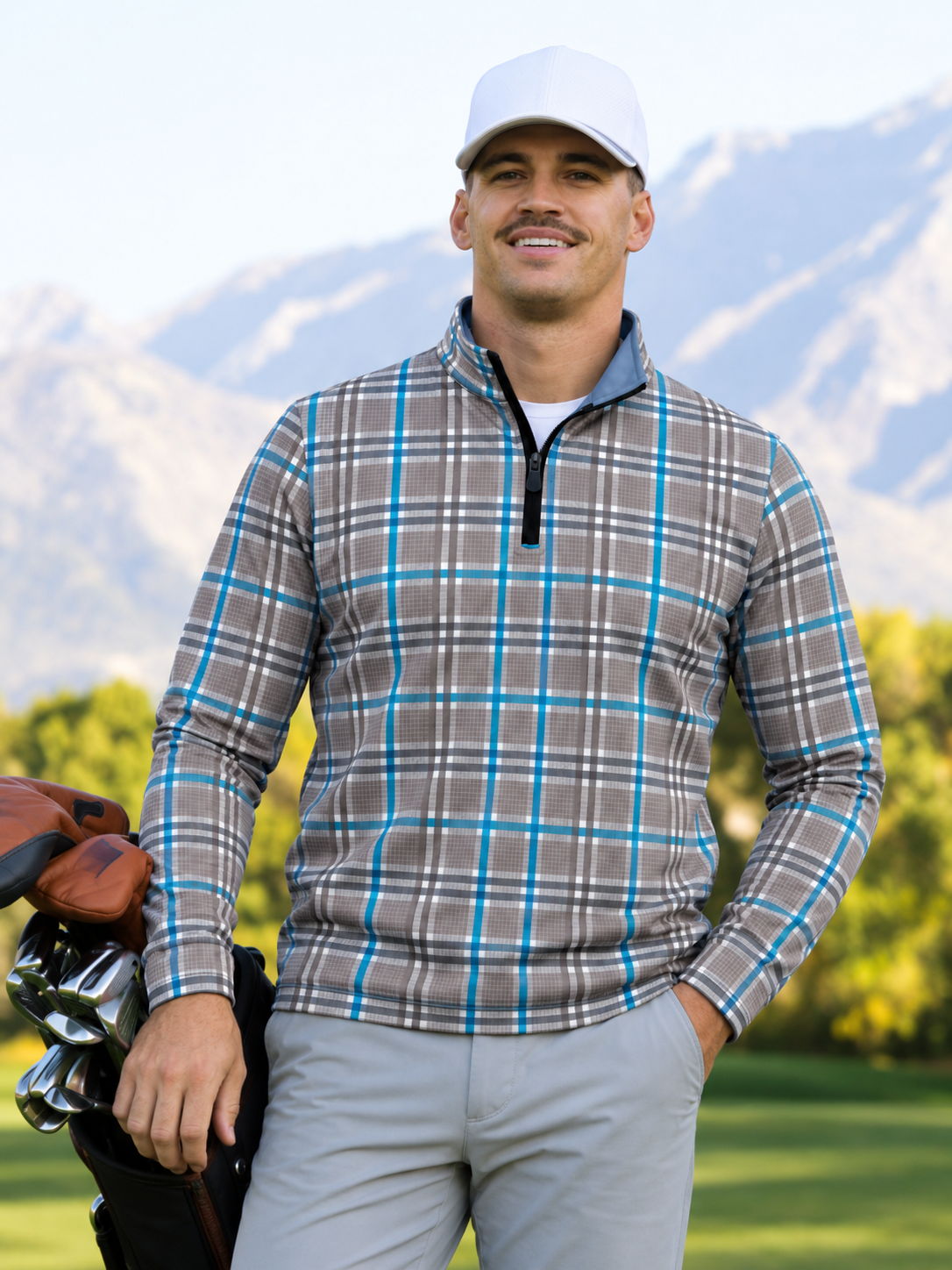 Stone Gray and Aqua Plaid Performance Golf Quarter-Zip Pullover