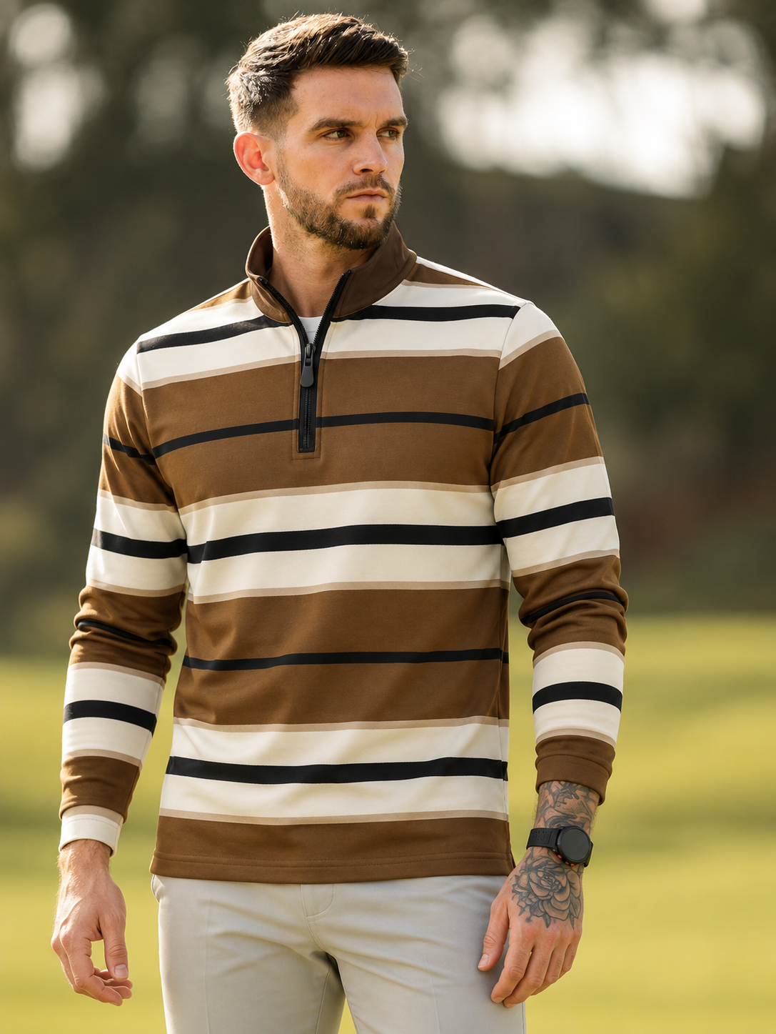 Espresso Ivory and Black Wide-Stripe Performance Golf Quarter-Zip Pullover