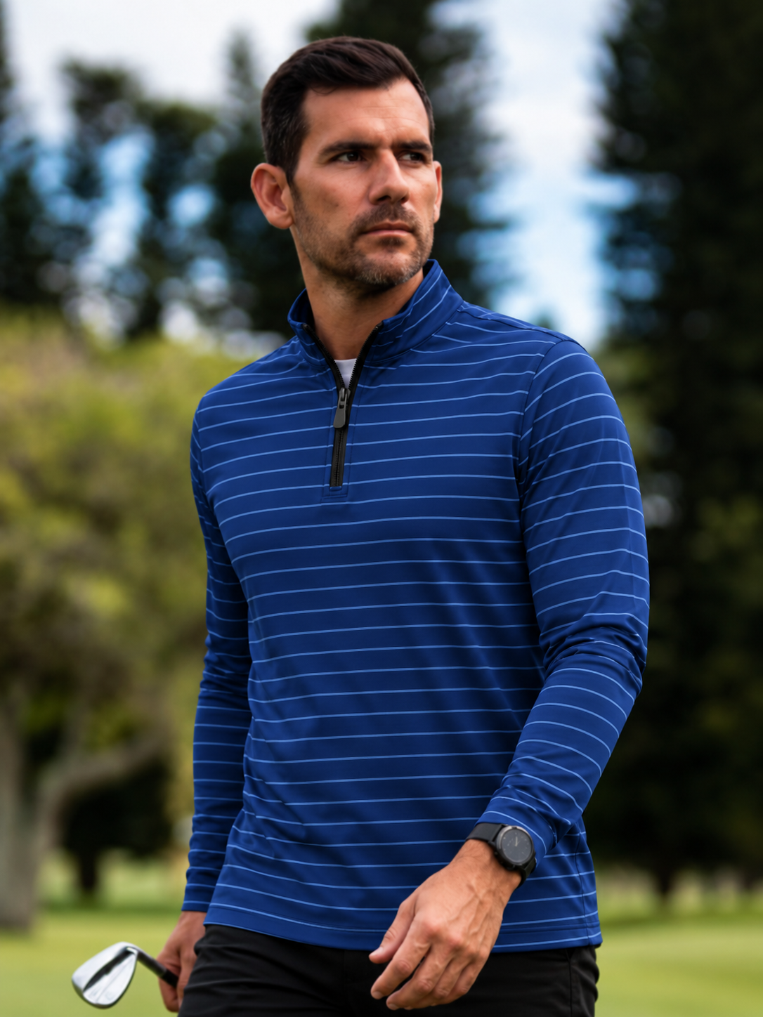 Royal Blue Fine Stripe Performance Quarter-Zip Pullover