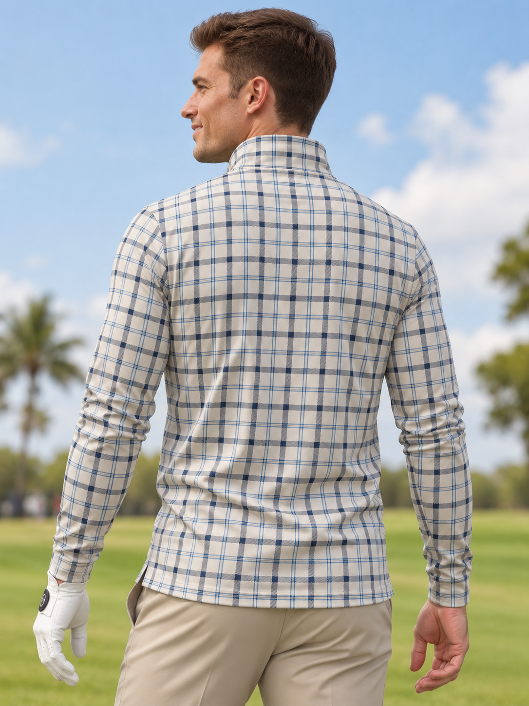 Heritage Blue Checkered Print Men's Golf Quarter-Zip Pullover