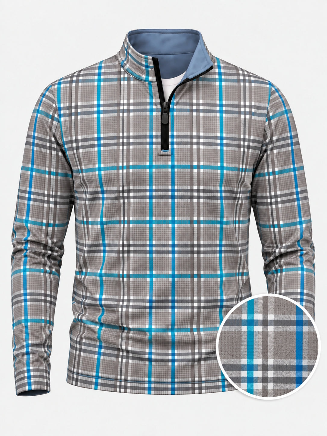Stone Gray and Aqua Plaid Performance Golf Quarter-Zip Pullover