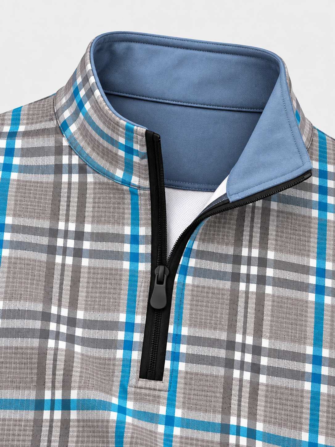 Stone Gray and Aqua Plaid Performance Golf Quarter-Zip Pullover