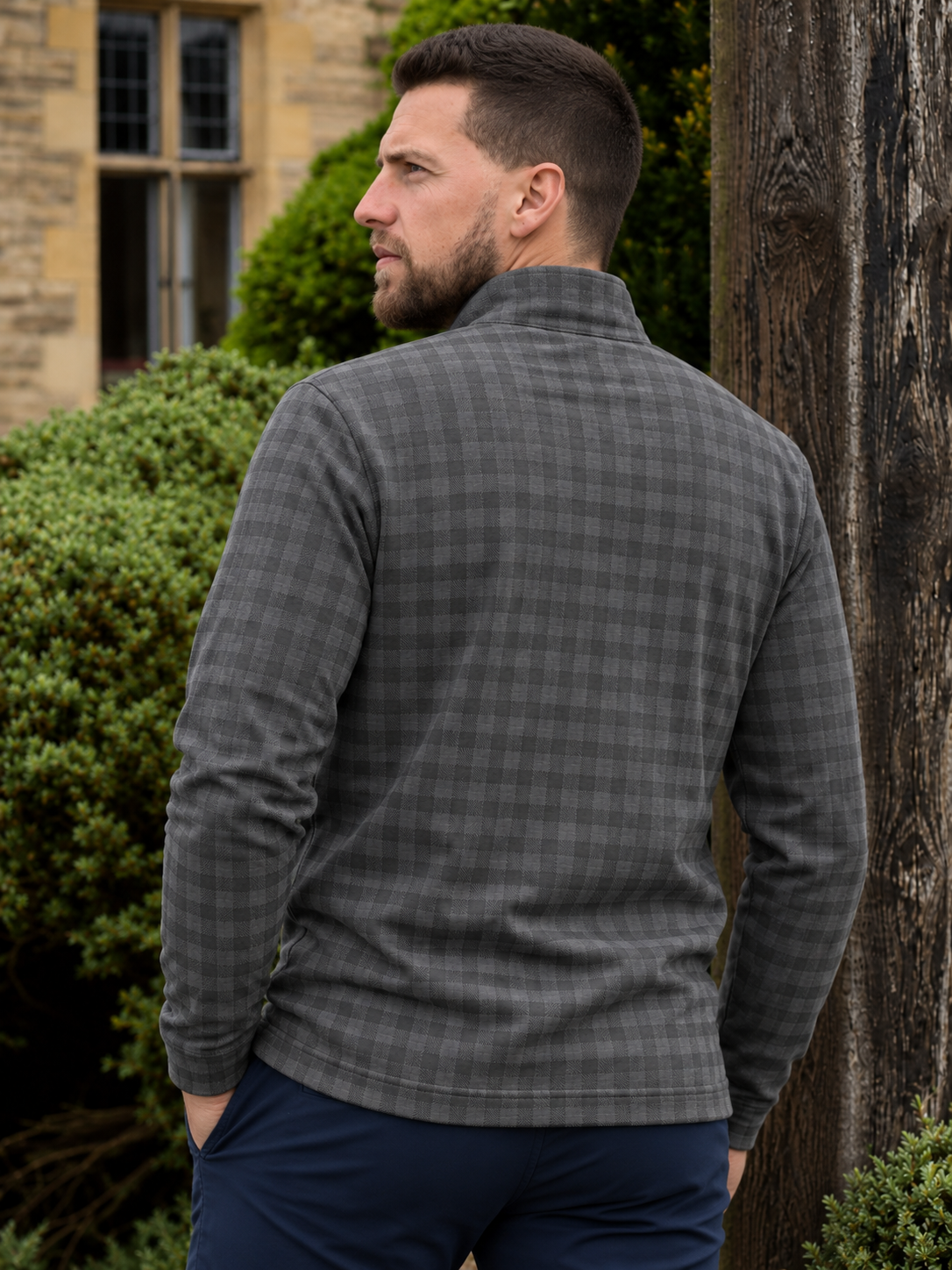 Charcoal Gray Gingham Check Print Performance Golf Quarter-Zip Pullover