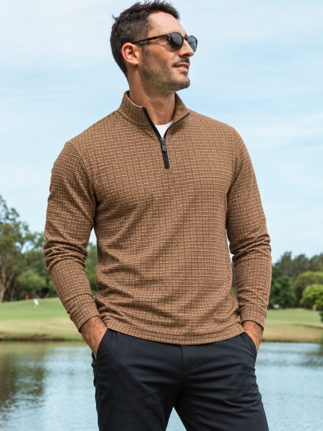 Brown Textured Print Performance Golf Quarter-Zip Pullover