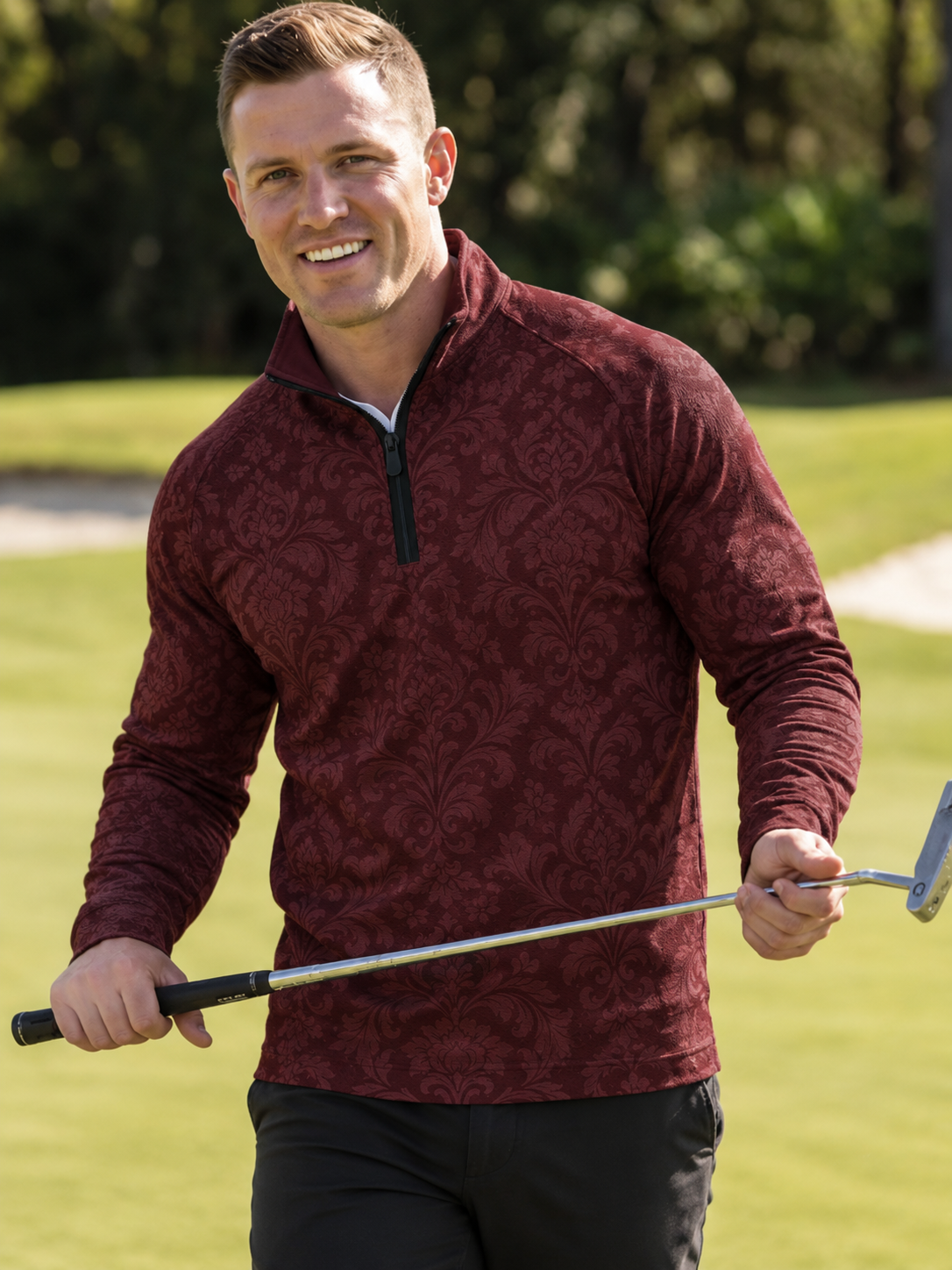 Burgundy Ornate Damask Print Performance Golf Quarter-Zip Pullover