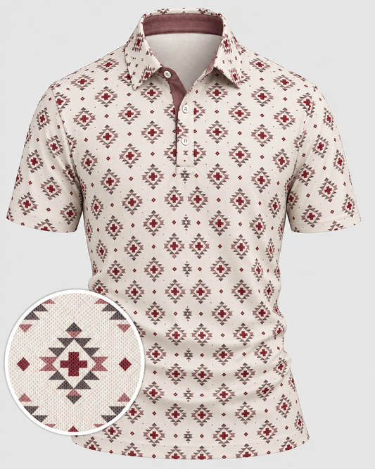 Red Geometric Performance Golf Polo