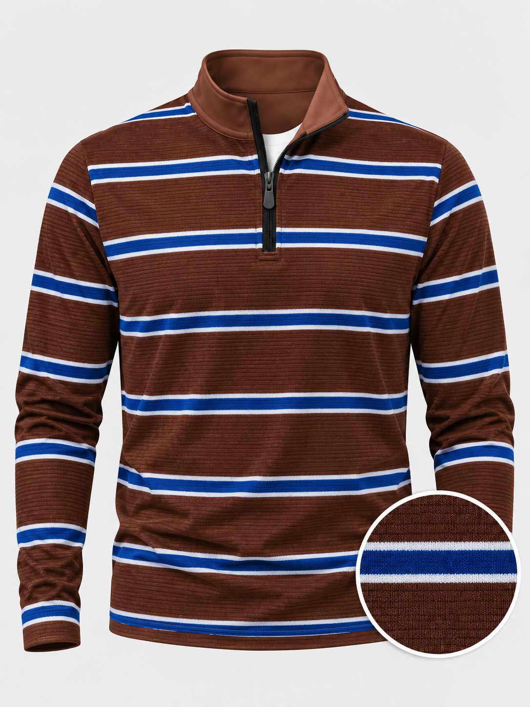 Chocolate Brown Cobalt and White Stripe Performance Golf Quarter-Zip Pullover