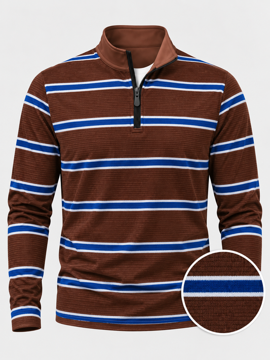 Chocolate Brown Cobalt and White Stripe Performance Golf Quarter-Zip Pullover