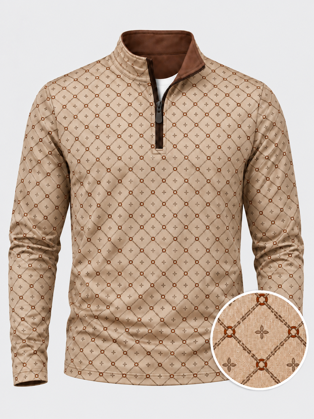 Tan Geometric Print Performance Golf Quarter Zip Pullover