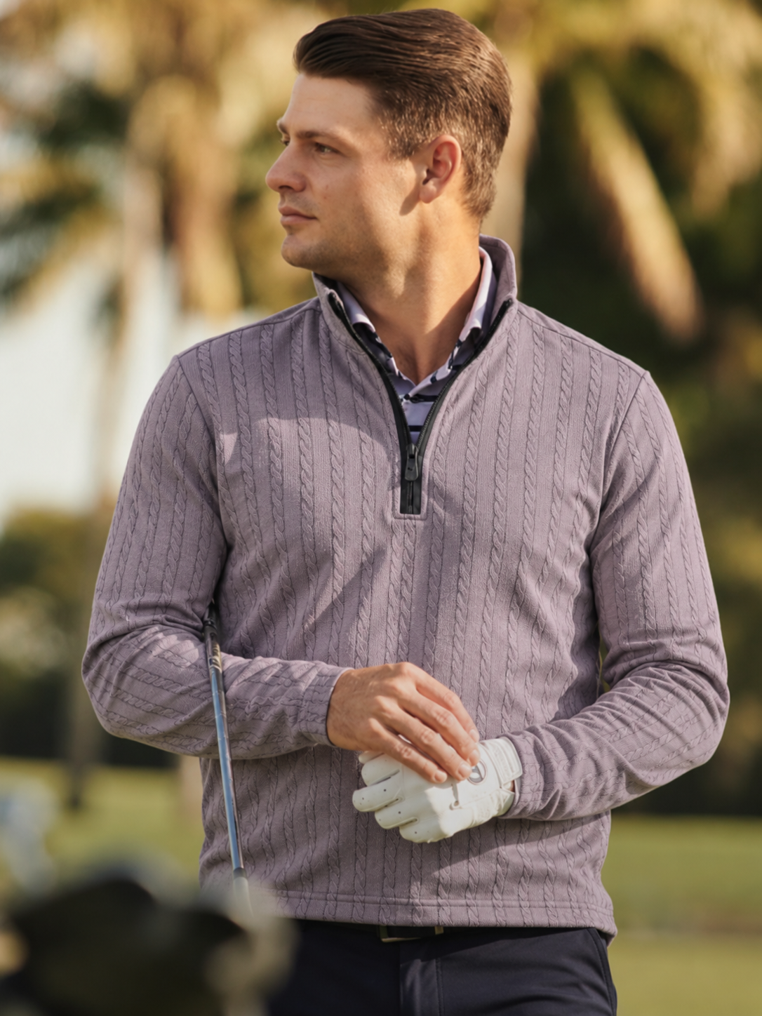 Dusty Lavender Cable Knit Print Performance Golf Quarter-Zip Pullover