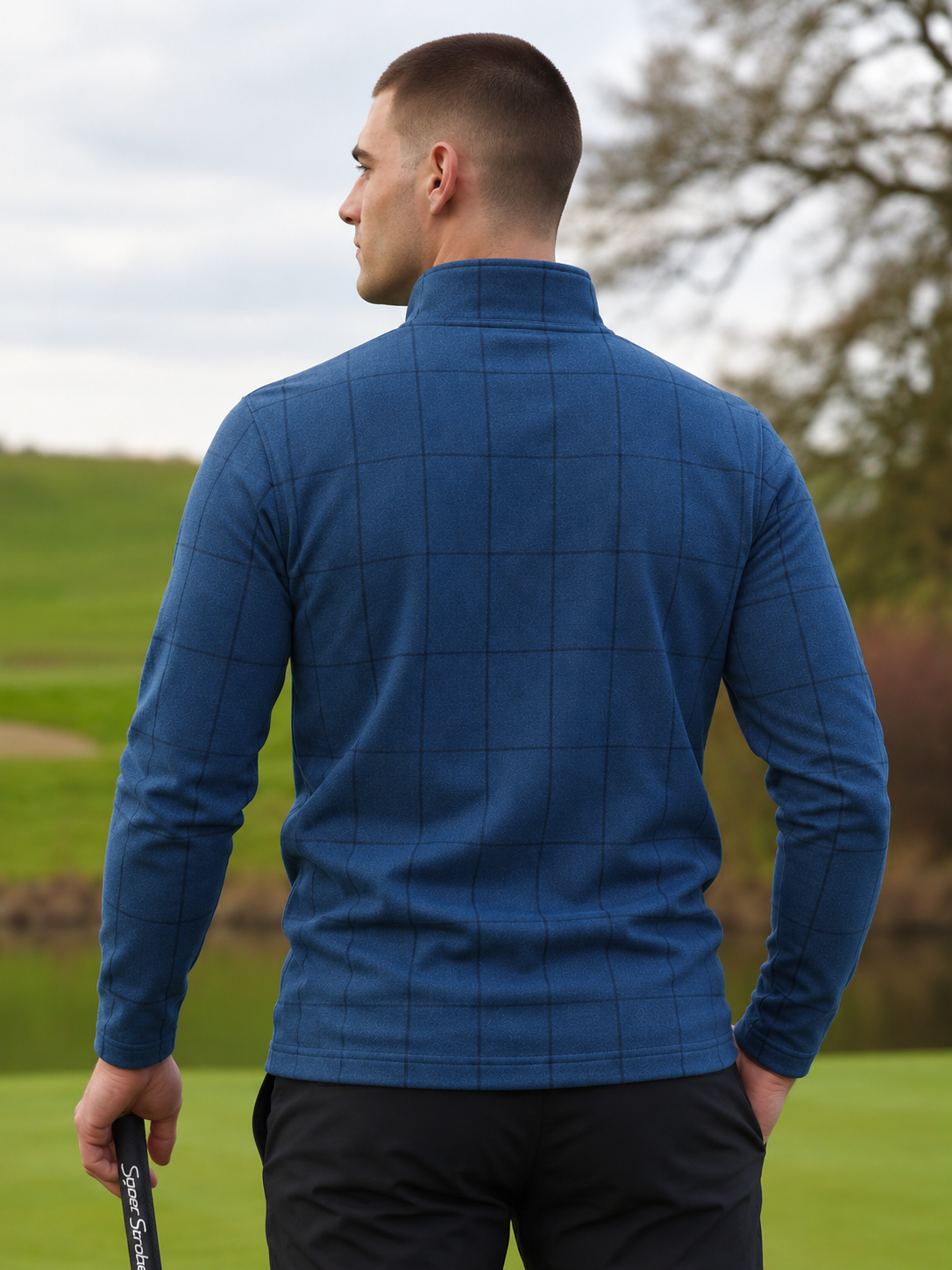 Steel Blue Windowpane Plaid Print Performance Golf Quarter-Zip Pullover