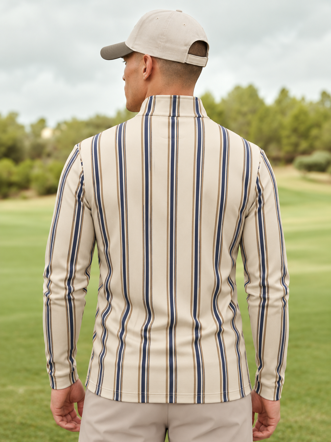Cream Navy Blue Vertical Stripe Print Men's Golf Quarter-Zip Pullover