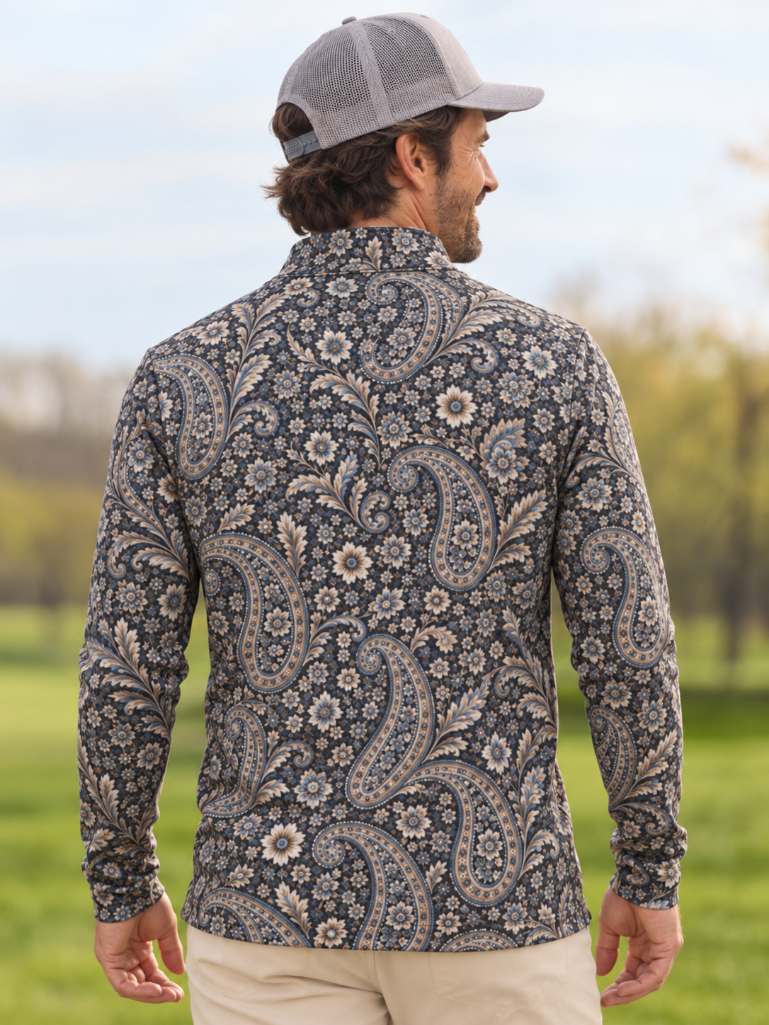 Blue Floral Paisley Print Performance Golf Quarter-Zip Pullover