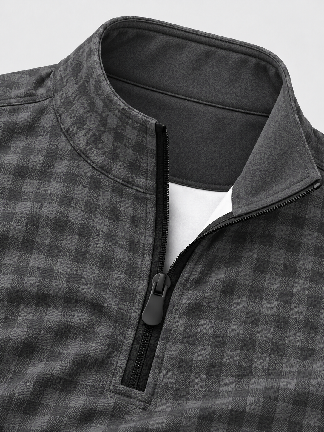 Charcoal Gray Gingham Check Print Performance Golf Quarter-Zip Pullover