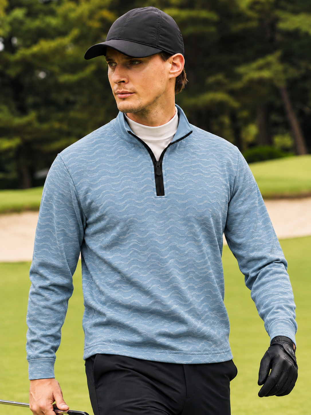 Ice Blue Wave Texture Print Performance Golf Quarter-Zip Pullover