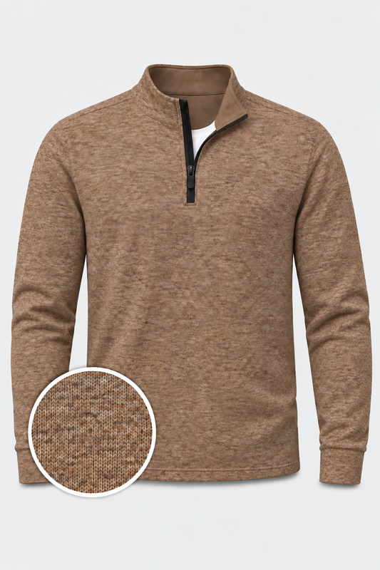 Heathered Camel Textured Knit Golf Quarter-Zip Pullover