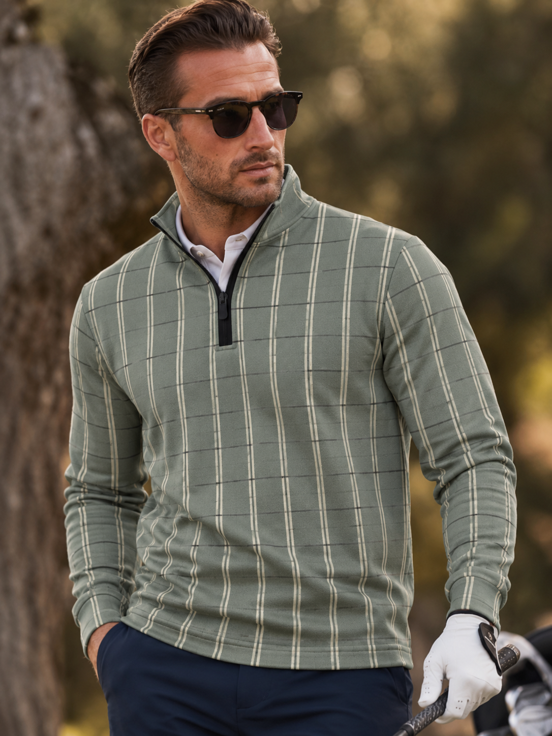 Sage Green Windowpane Plaid Print Performance Golf Quarter-Zip Pullover